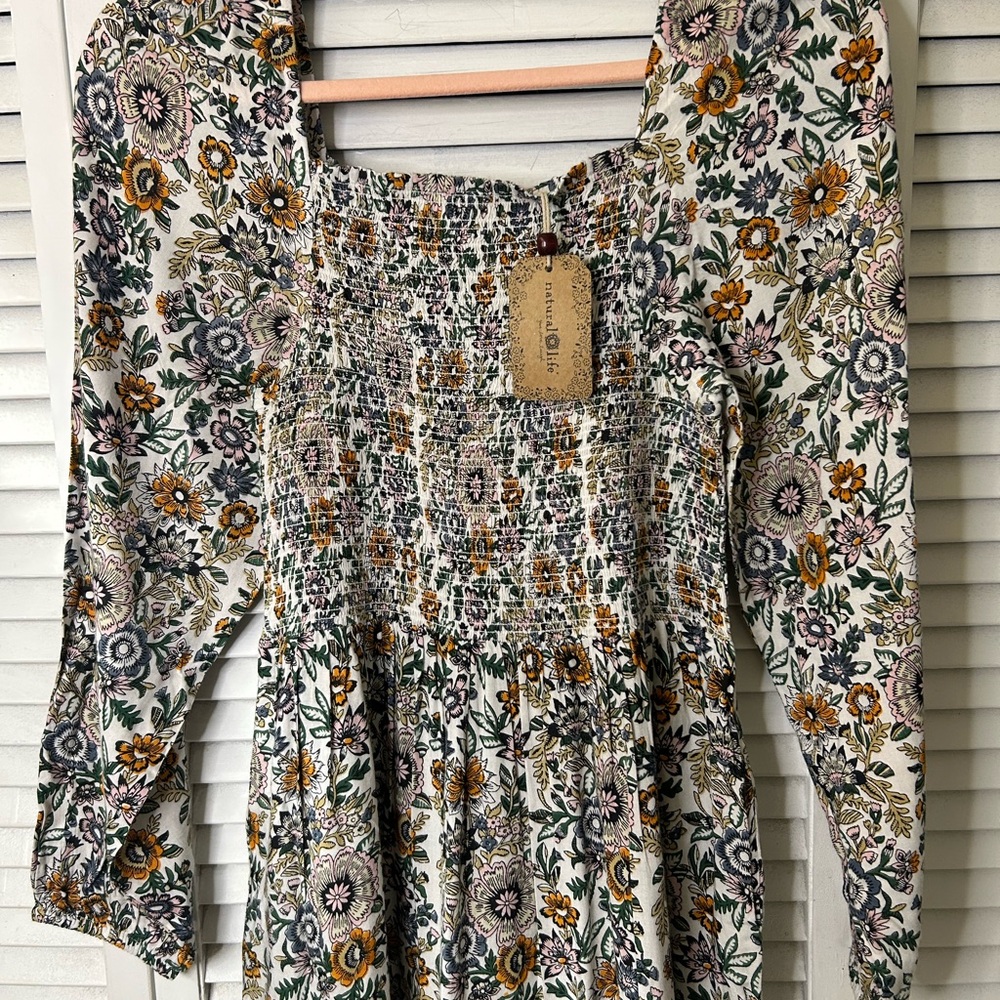 Natural Life Floral Smocked Midi Dress - White with Mustard & Green Size M - Picture 2 of 3
